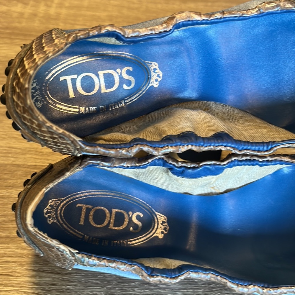 Authentic Tod's Blue Satin With Snakeskin Trim Scrunch Dee Ballet Flats - Picture 4 of 16